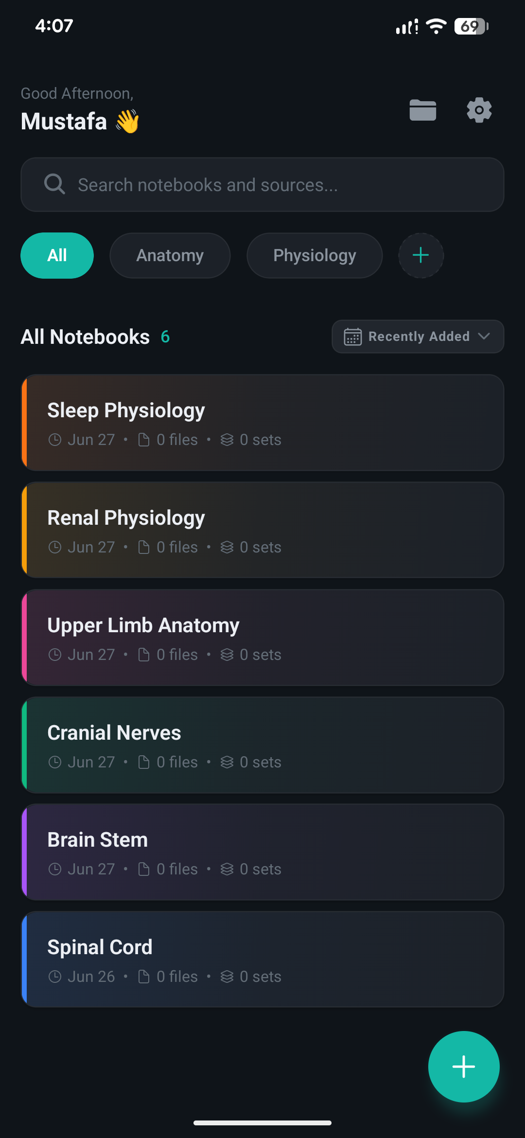 StudyFlow notebooks screen on Android